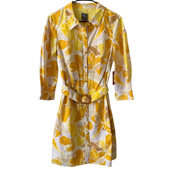 NEW VINCE CAMUTO Yellow Floral Belted Button Down Shirt Dress Size 12 Chic - Picture 2 of 8